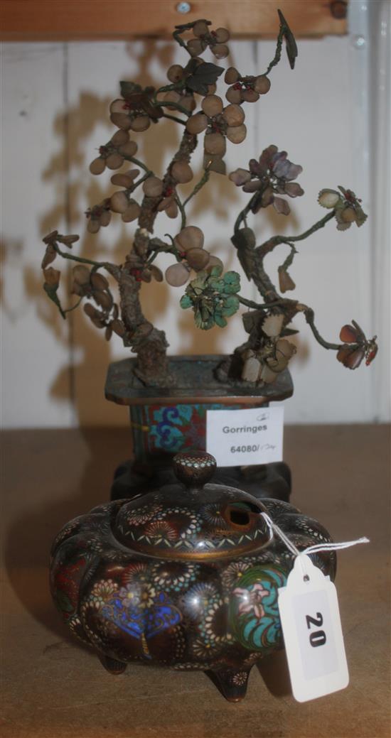 Cloisonne and hardstone shrub and a cloisonne incense burner (2)